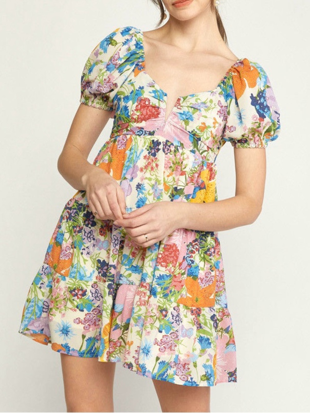 Entro colorful floral puff sleeve mini dress  | Size M  | multicolor